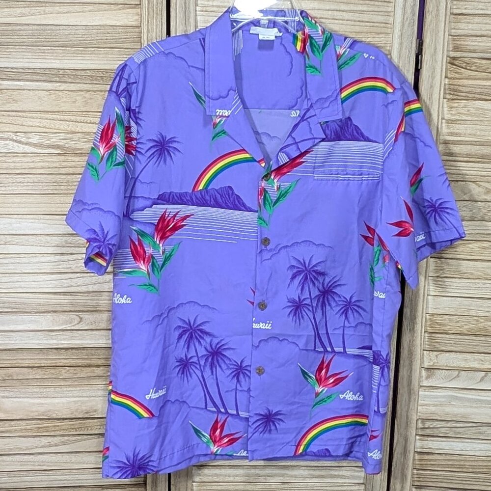 Casual Wear Made in Hawaii Hawaiian Shirt Rainbow and Palm Tree Design Size XL